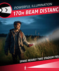 Man using R-300 LED Emergency Flashlight with Beast Mode at night, beam spanning two stadium fields; water-resistant and durable.