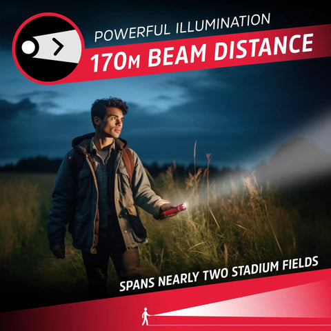 Man using R-300 LED Emergency Flashlight with Beast Mode at night, beam spanning two stadium fields; water-resistant and durable.