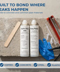 Ditch That Drip Forever With This Complete Polyurethane Leak Repair Foam Kit For Pipe Penetrations And Foundation Cracks Up To One Inch, Smooth Sailing DIY Setup Included. Hydra Stop and Poxy Paste on a work surface with tools.