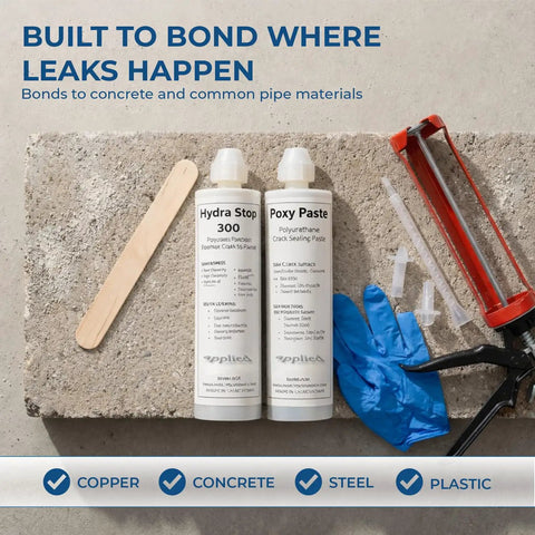 Ditch That Drip Forever With This Complete Polyurethane Leak Repair Foam Kit For Pipe Penetrations And Foundation Cracks Up To One Inch, Smooth Sailing DIY Setup Included. Hydra Stop and Poxy Paste on a work surface with tools.