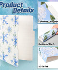 Hydrangea Floral File Folders Set, 24 Pack with One Third Cut Tabs, blue bow accents, showing durability and size details