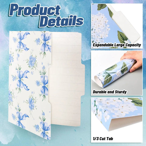 Hydrangea Floral File Folders Set, 24 Pack with One Third Cut Tabs, blue bow accents, showing durability and size details