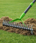 Beefy 13 Inch Dethatching Rake With 55 Inch Handle removing thatch, dual-sided head, green handle, effective lawn care tool.
