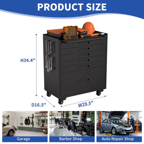 30 Inch Rock Solid Steel Tool Storage Cabinet With Six Roomy Drawers And Silky Smooth Silent Slides built tough, with tools and accessories shown.
