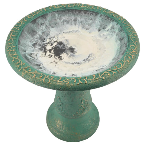 Fiberclay Bird Bath Outdoor Garden Decor Green, 20-Inch Tall Weather Resistant Water Bowl For Backyard And Patio, Antique Vintage Look