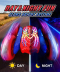 Glowing Eyes 360 Flip RC Car With Lights shown on split day and night background, illustrating LED light effects.