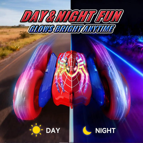 Glowing Eyes 360 Flip RC Car With Lights shown on split day and night background, illustrating LED light effects.