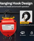 3 Ton 10ft Red Chain Hoist Heavy Duty Manual Pulley Lift With G80 Manganese Steel Chain, showing hanging hook design for stability