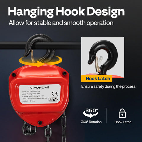 3 Ton 10ft Red Chain Hoist Heavy Duty Manual Pulley Lift With G80 Manganese Steel Chain, showing hanging hook design for stability