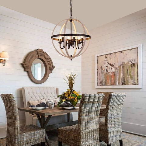 Dining room with Farmhouse Globe Pendant Light Chandelier With Oak White And Oil Rubbed Bronze, Rustic Retro Ceiling Fixture With Six Lights