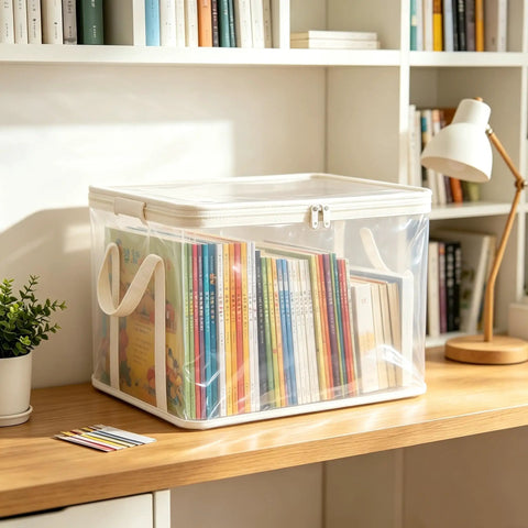 Set Of Three Thick Clear Plastic Storage Bins With Hinged Lids Heavy Duty Stackable Organizer Boxes For Bedroom Closet And Travel Gear Roomy Sturdy Containers That Kick The Clutter Out And Keep Your Space Slick with children's books inside.