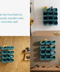 Interlocking Plastic Storage Bins Set With Wall Mounted Rails For Screws Nails Small Tool Parts In The Workshop Garage Drawer Organizer Includes 12 Bins And 3 Rails To Keep Your Workspace Neat And Ready For DIY Projects installed on different walls holding tools and small parts.