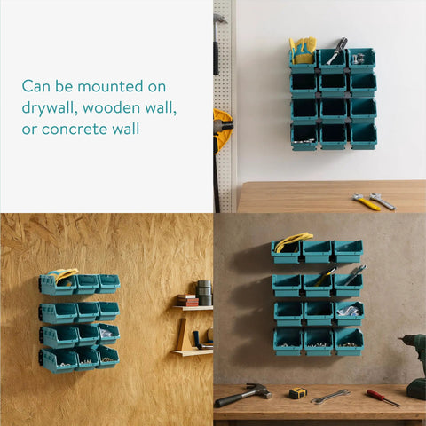 Interlocking Plastic Storage Bins Set With Wall Mounted Rails For Screws Nails Small Tool Parts In The Workshop Garage Drawer Organizer Includes 12 Bins And 3 Rails To Keep Your Workspace Neat And Ready For DIY Projects installed on different walls holding tools and small parts.