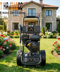 Heavy Duty Gas Pressure Washer That Whips Dirty Decks And Driveways Clean In Seconds With 3500 PSI And 2.6 GPM in garden setting.