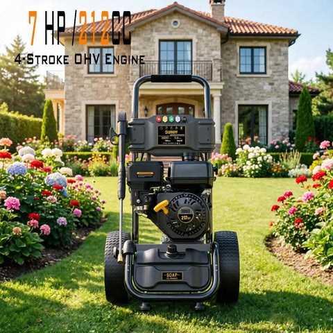 Heavy Duty Gas Pressure Washer That Whips Dirty Decks And Driveways Clean In Seconds With 3500 PSI And 2.6 GPM in garden setting.