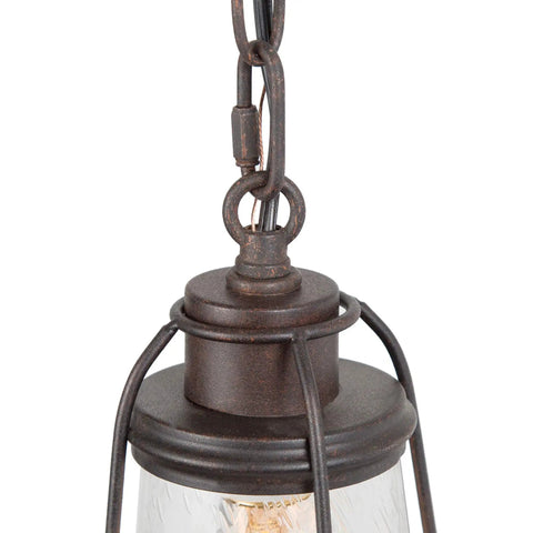 Close-up of Farmhouse Pendant Lighting Mini Rustic Hanging Light in bronze finish with seeded glass shade and chain detail.