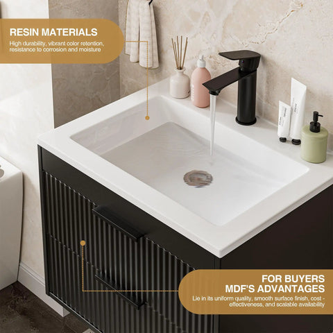 24 Inch Modern Mdf Bathroom Vanity With Sink Wall Mounted Floating Cabinet Featuring Smooth Glide Drawers And Matte Black Handles For A Top Shelf Bathroom Glow Up And Zero Clutter Setup