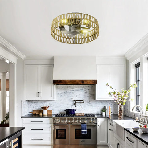 5 Pc Blades Ceiling Fan with Remote Control, Low Profile Flush Mount in a modern kitchen setting, featuring a sleek design.