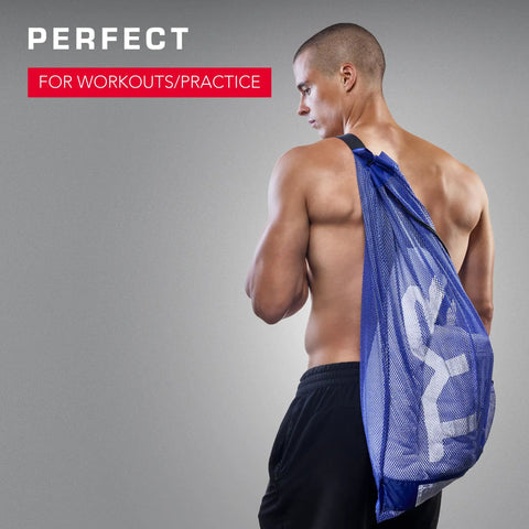 Man carrying Alliance Mesh Equipment Bag For Swim Gear And Gym Essentials, breathable quick-dry mesh backpack, 20x28 inches.
