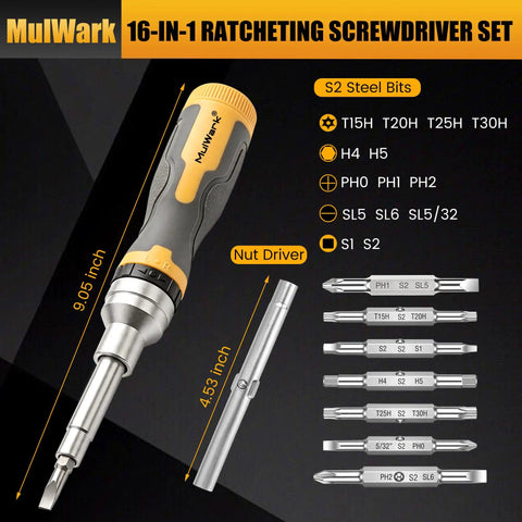 Professional 16 In 1 Ratcheting Multi Bit Screwdriver Set With Premium Hardened S2 Steel Bits And Nickel Coated Rust Proof Finish includes nut driver.
