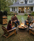Beefy Heavy Duty 800 Pound Firewood Rack Cart With Wheels beside a fire pit in a backyard setting