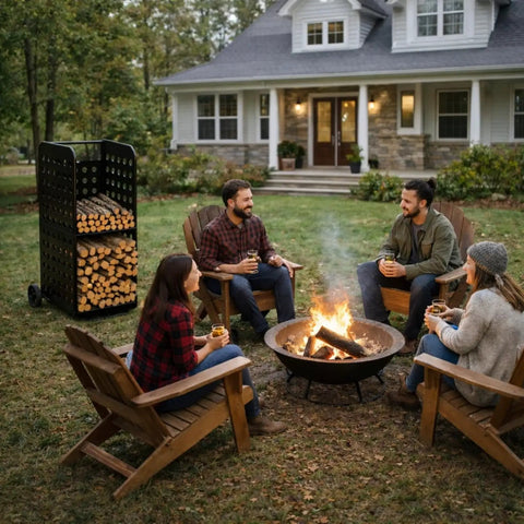 Beefy Heavy Duty 800 Pound Firewood Rack Cart With Wheels beside a fire pit in a backyard setting