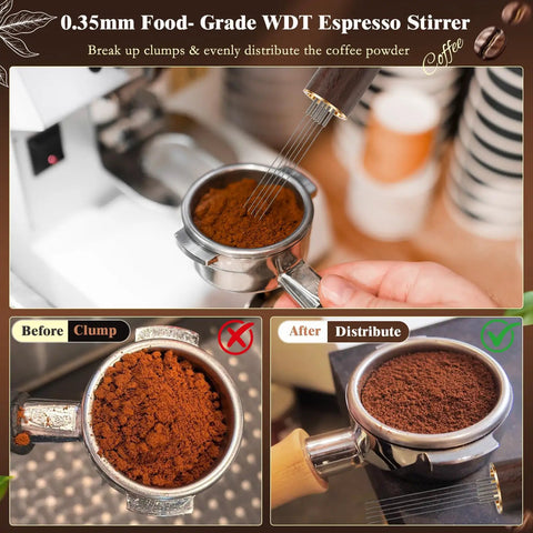 Premium Eight Piece Espresso Accessories Kit With 58Mm Tamper And Pro Distributor For Breville Gaggia Machines Making Legit Shots All Day Fly Barista Gear That Truly Slaps showing 0.35mm WDT stirrer and coffee distribution.