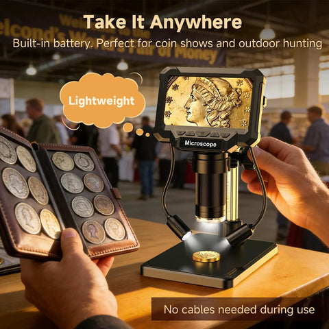 4.3 Inch LCD Digital Coin Microscope With Dual Side Lighting For Coin Collectors To Inspect Doubled Die RPM Scratches And Fine Mint Details Not Ideal For Capturing Full Views Of Large Coins. Portable 4.3-inch LCD coin microscope with coin display and dual lamps