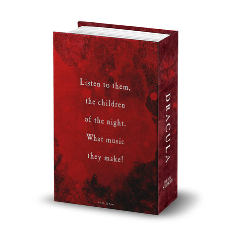 Red Gothic faux book safe with hidden compartment and combo lock, resembling Dracula book, horror decor.