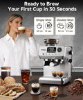 Next Level Semi Automatic Espresso Machine With Built In Conical Burr Grinder, 20 Bar Pressure, 44 Precision Grind Steps, And Quick Milk Frother For Cranking Out Barista Grade Shots Daily At Home with a user enjoying coffee.