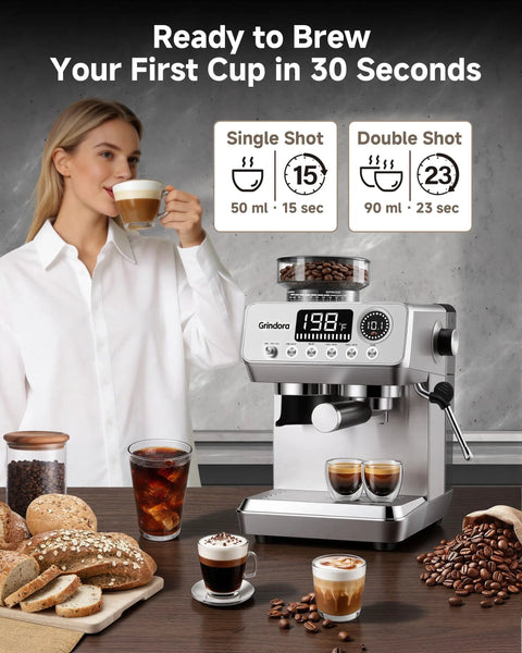Next Level Semi Automatic Espresso Machine With Built In Conical Burr Grinder, 20 Bar Pressure, 44 Precision Grind Steps, And Quick Milk Frother For Cranking Out Barista Grade Shots Daily At Home with a user enjoying coffee.