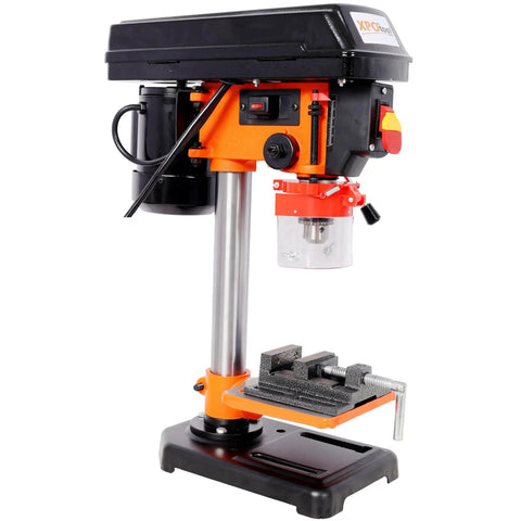 Top-Notch 8 Inch Drill Press With Powerful 400 Watt Motor And Five Speed Settings Up To 3100 RPM, featuring keyed chuck and adjustable worktable.