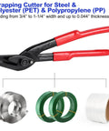 12 Inch Heavy Duty Strapping Cutter For Steel Pet Pp Bands With Chrome Vanadium Blade Cuts Thick Tape Like Butter featuring red handles and various strap rolls.