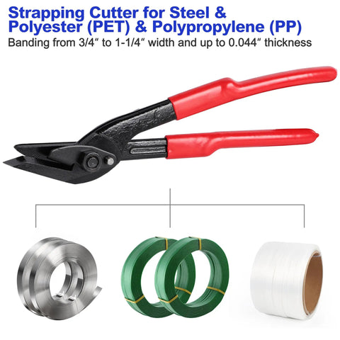 12 Inch Heavy Duty Strapping Cutter For Steel Pet Pp Bands With Chrome Vanadium Blade Cuts Thick Tape Like Butter featuring red handles and various strap rolls.