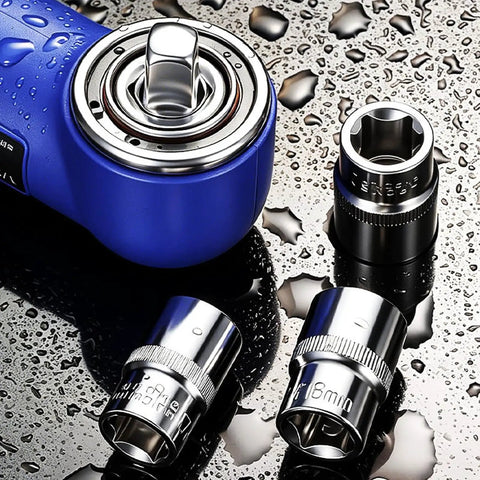 Tough As Nails Heavy Duty Pneumatic Air Impact Wrench With 1/2 Inch Drive And 90 Degree Right Angle Head showing wet components and sockets.