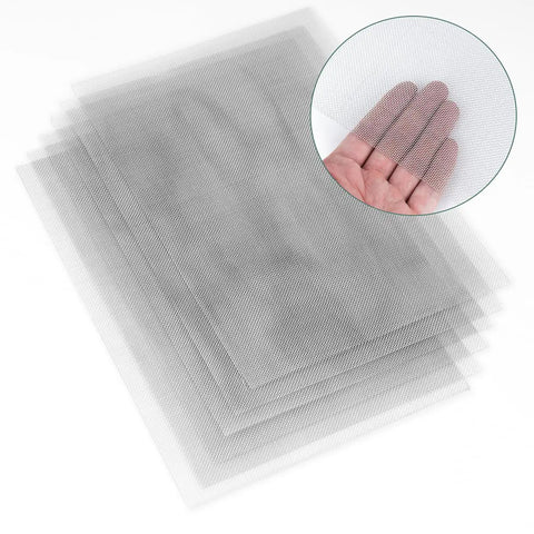 Six Pack 304 Stainless Steel Wire Mesh Screen With 1mm Holes shown in stack, hand size comparison, durable metal mesh for vents