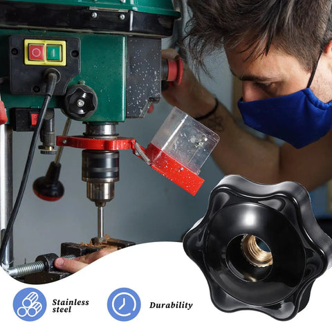 Four Pack M6 Six Star Knobs on drill press, solid black nylon, for garage builds and rig mods, manual tightening hardware.