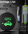 Package list for Portable Tesla EV Charger Level 1 And Level 2 16A With 21FT Cable including control box and storage bag.