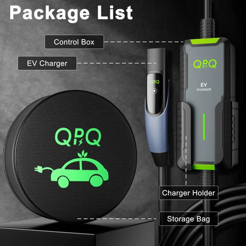 Package list for Portable Tesla EV Charger Level 1 And Level 2 16A With 21FT Cable including control box and storage bag.
