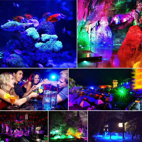 Collage of vibrant party settings lit by Multicolor RGB LED Par38 Flood Light Bulbs Outdoor Waterproof 1800LM 30W Equals 90W With Remote Dimmable 16 Colors 4 Modes Memory Function Warm White 3000K E26 Indoor Party Vibe Lighting 2 Pack