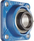 Heavy Duty Cast Iron Flanged Ball Bearing Unit With Standard Inch Bore And Eccentric Locking Collar, blue finish, close-up view.