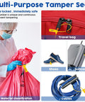 Image showing 1000 Pack Plastic Tamper Seals For Fire Extinguishers And Safety Tags Security Seals With Numbered Zip Ties in use on bags, shoes, suitcase, and cables.
