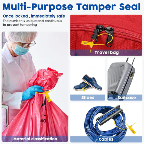 Image showing 1000 Pack Plastic Tamper Seals For Fire Extinguishers And Safety Tags Security Seals With Numbered Zip Ties in use on bags, shoes, suitcase, and cables.