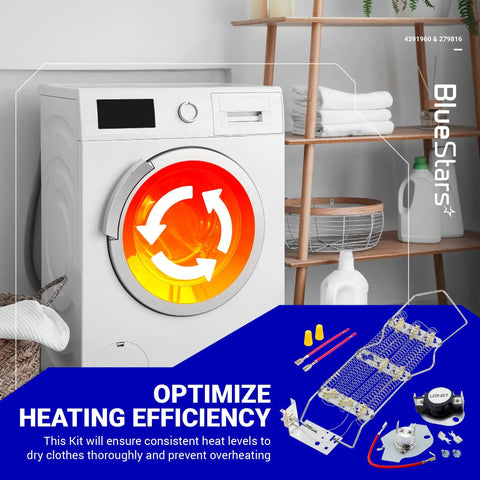 Heavy Duty Dryer Heating Element And Thermal Cutoff Kit in front of dryer, Whirlpool and Kenmore compatibility