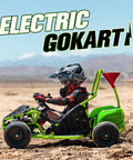 Child riding Hardcore Electric Go Kart With 1000W Brushless Motor, 48V Battery, steel frame, 13 inch tires, on dirt track.