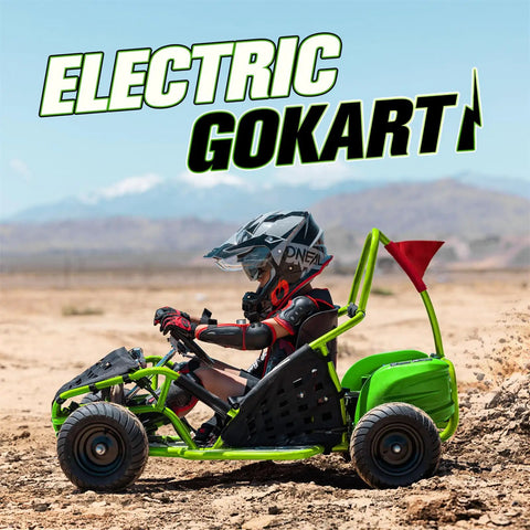 Child riding Hardcore Electric Go Kart With 1000W Brushless Motor, 48V Battery, steel frame, 13 inch tires, on dirt track.