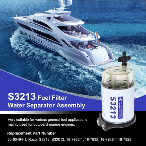 Fuel Water Separator Marine Kit For Outboard Motors With Three Eighth Barb And One Quarter NPT Brass Fittings in front of yacht