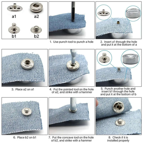 Step-by-step guide using the 14-Piece Rivet Setter Kit For Leather Work Pro-Grade Stainless Steel Snap Rivet Tools on fabric