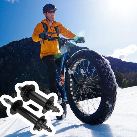 Cyclist on snow with Beefy Fat Tire Mountain Bike Hub Set for 26x4.0 Snow Biking Front 135mm Rear 190mm Through Axle