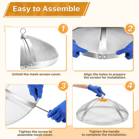 Fire Pit Spark Screen For 19.5 Inch Bonfire, Stainless Steel Shield shown in assembly steps with blue gloves